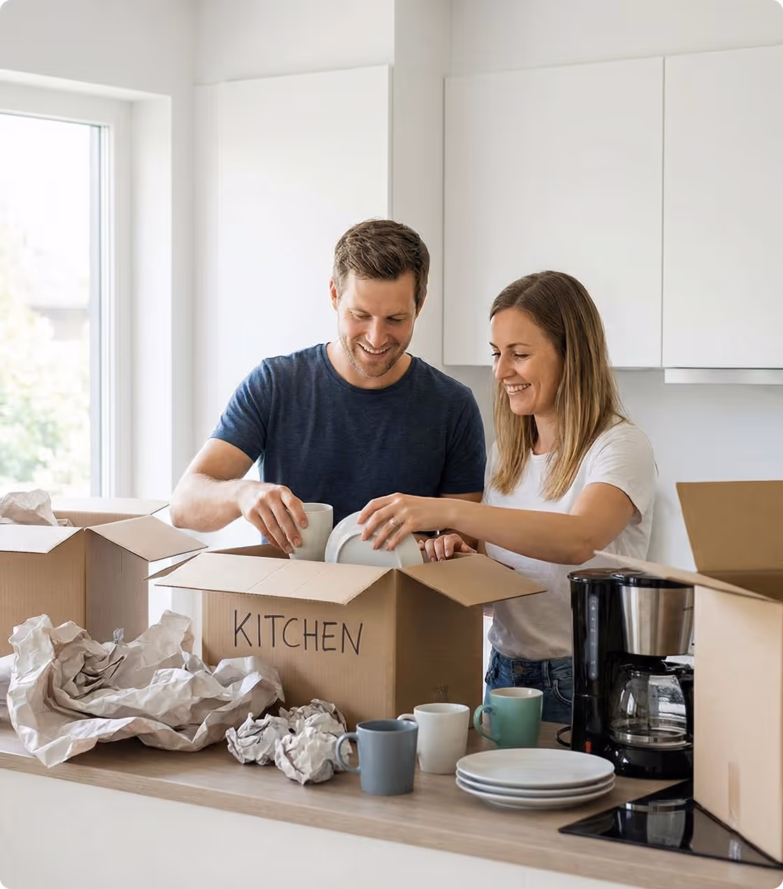 Smiling couple unpacking white dishes and mugs from a cardboard box labeled Kitchen in a modern kitchen.