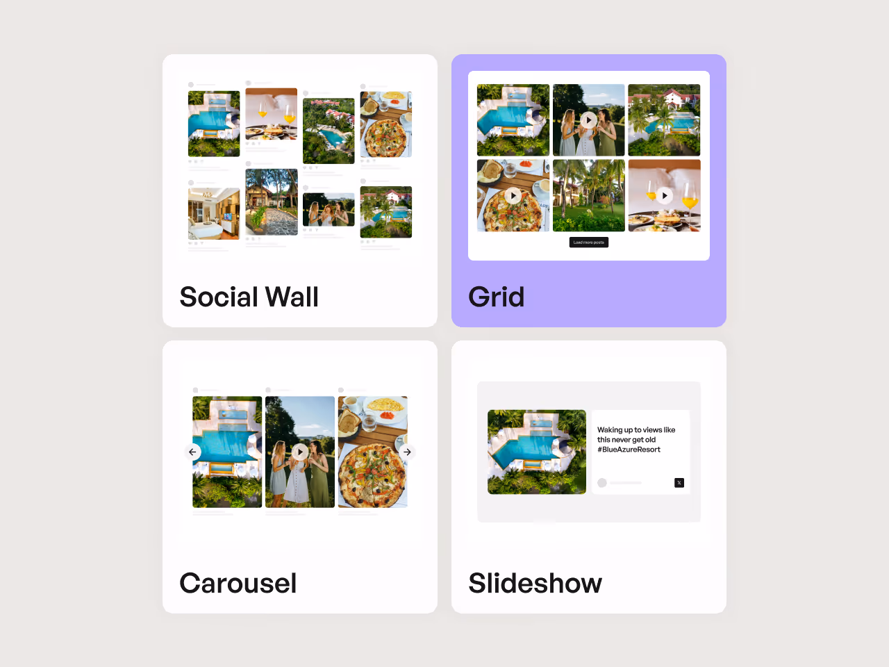Four layout options for displaying photos and videos: Social Wall, Grid, Carousel, and Slideshow with sample images of a pool, food, and people.