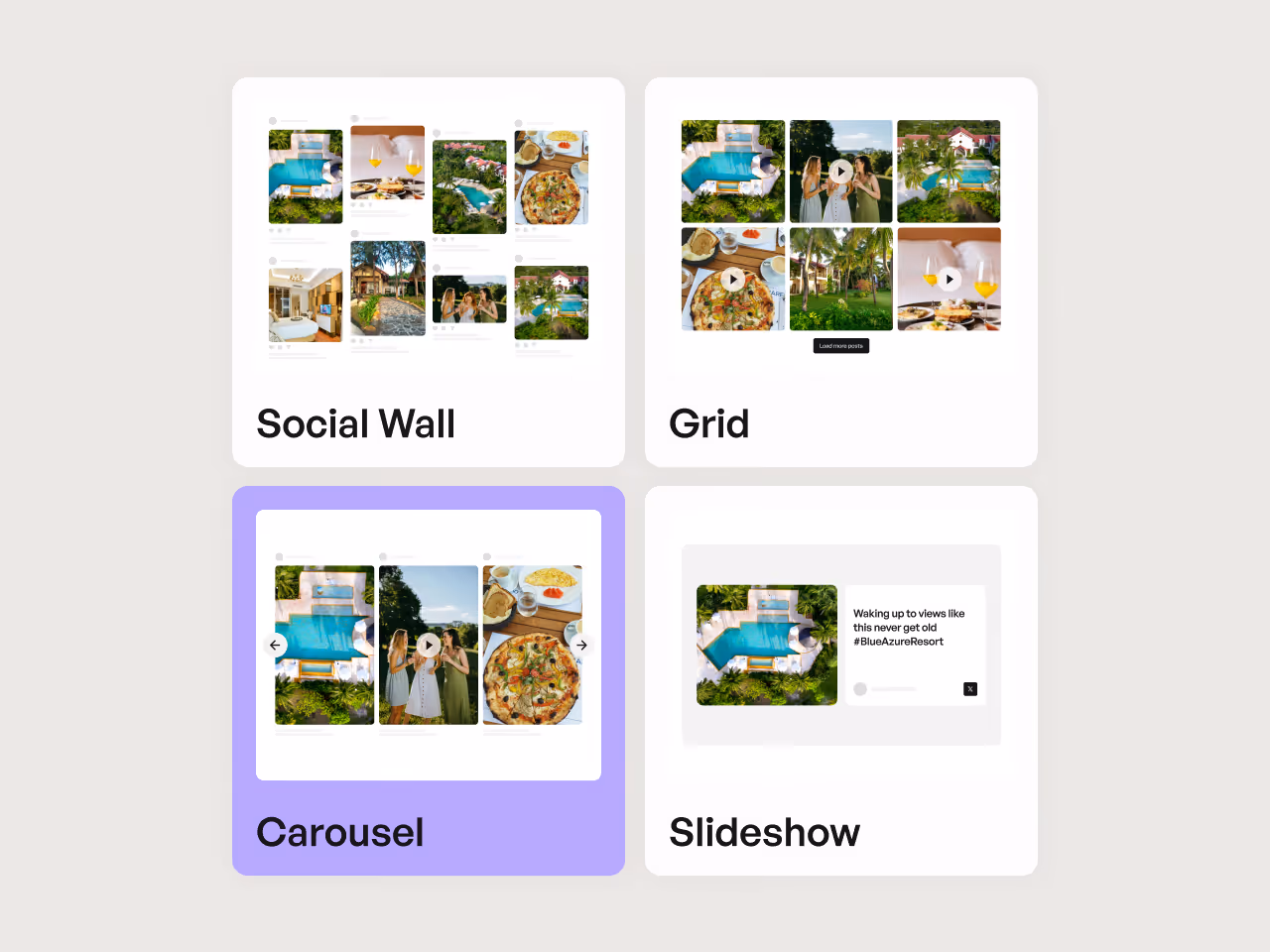 Four types of photo display layouts: Social Wall with a mix of photos, Grid with photos and videos in equal blocks, Carousel with a horizontal scrolling selection, and Slideshow showing one photo with a caption.