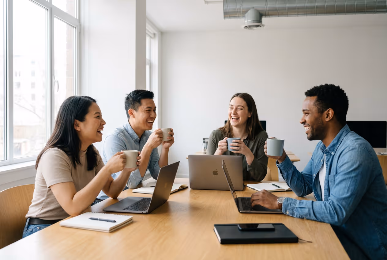Four diverse coworkers sitting around a table in a bright office, smiling and holding coffee mugs during a casual meeting.