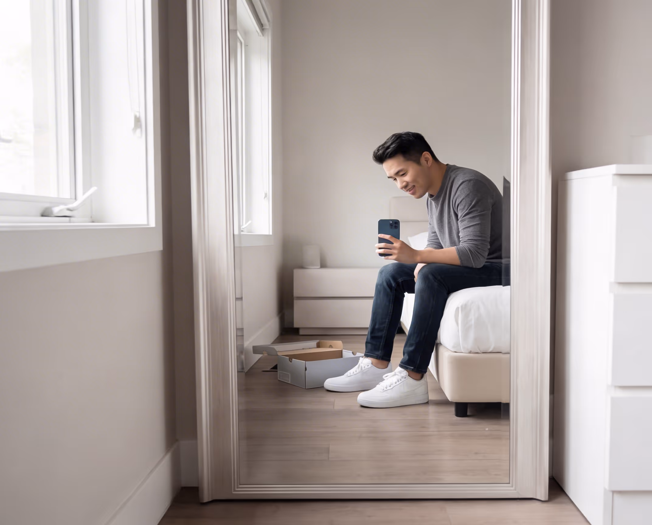 Man sitting on a bed smiling and holding a smartphone, with an open shoe box on the floor in a bright bedroom.