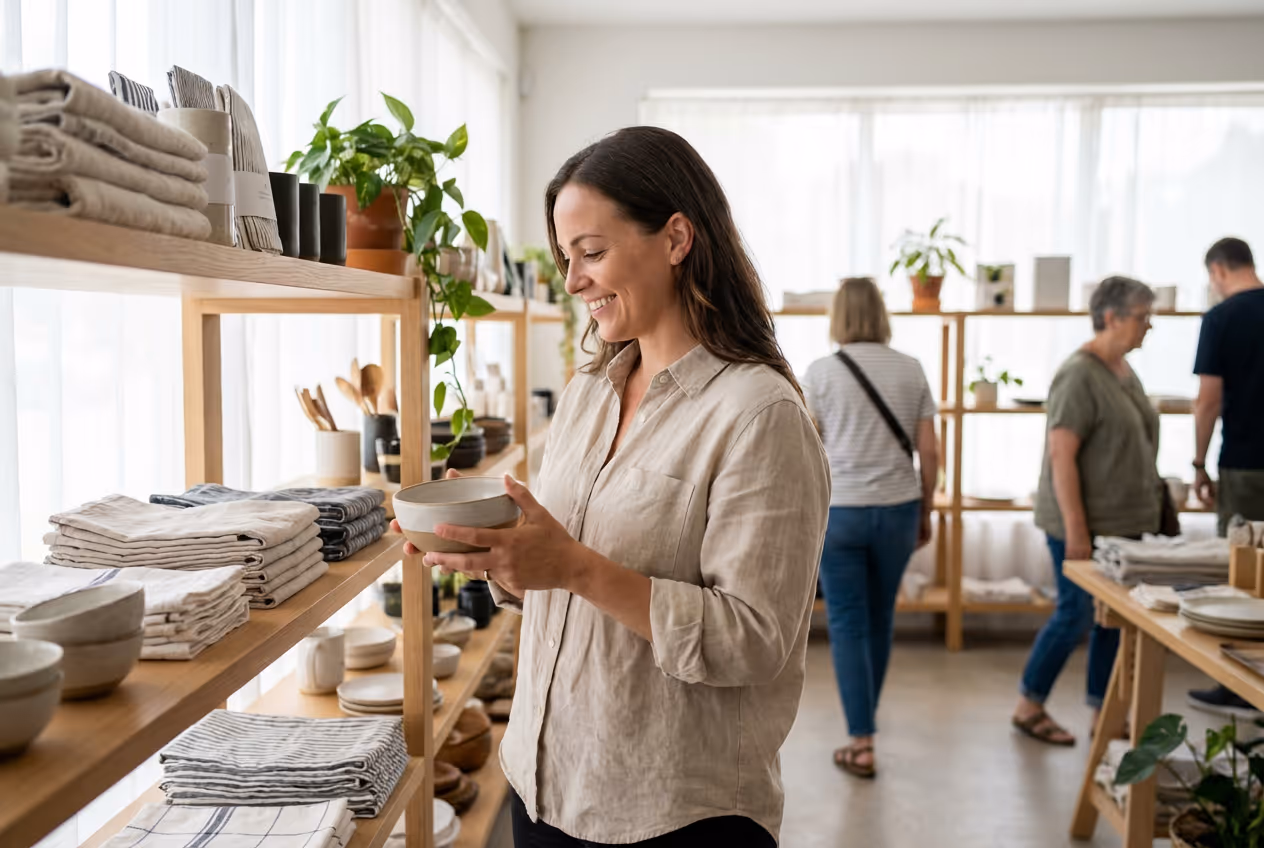 Smiling woman examining a ceramic bowl in a bright store with wooden shelves displaying folded linens and pottery.