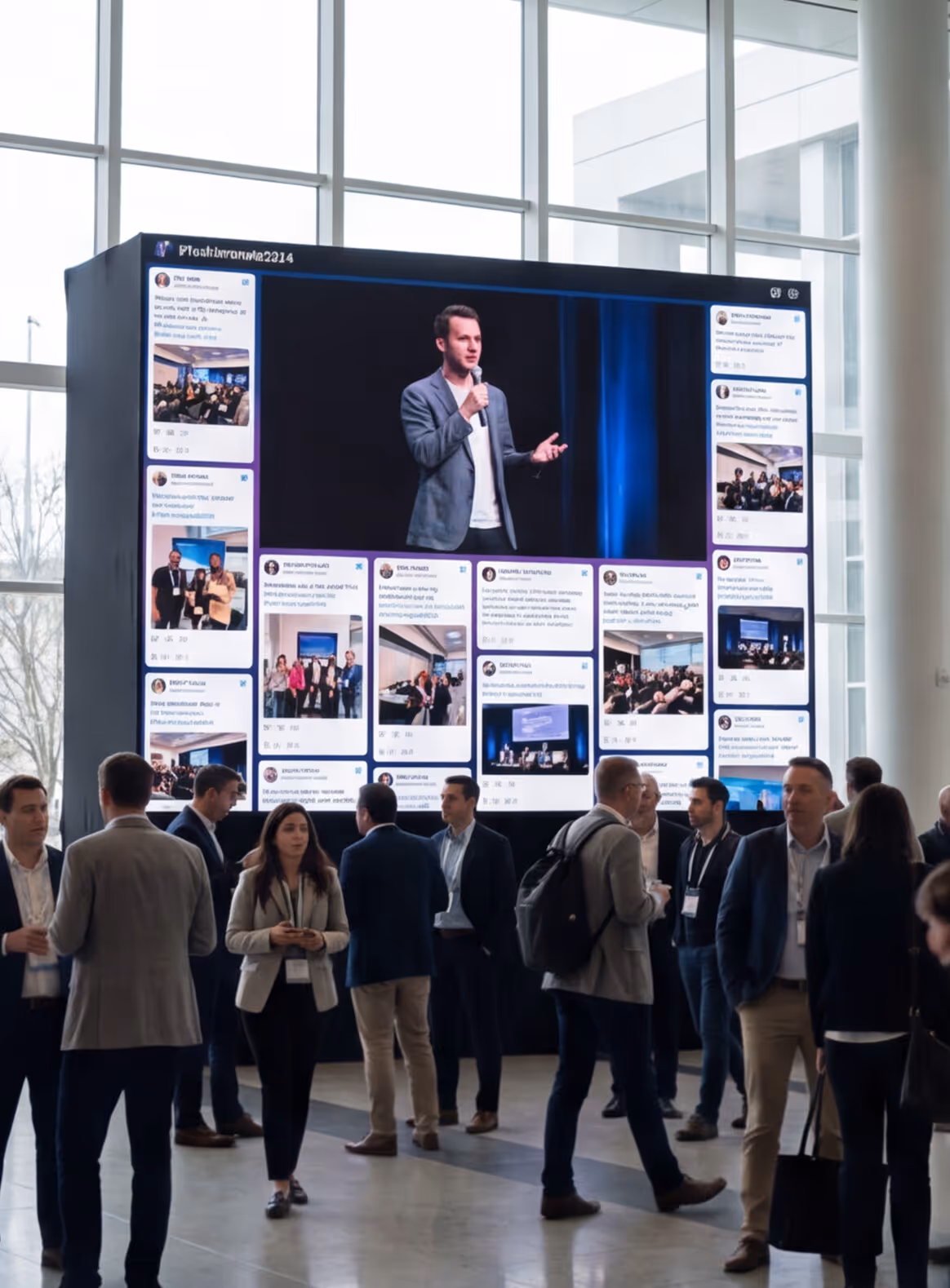 People networking in a conference lobby with a large screen showing a man speaking on stage and social media posts.