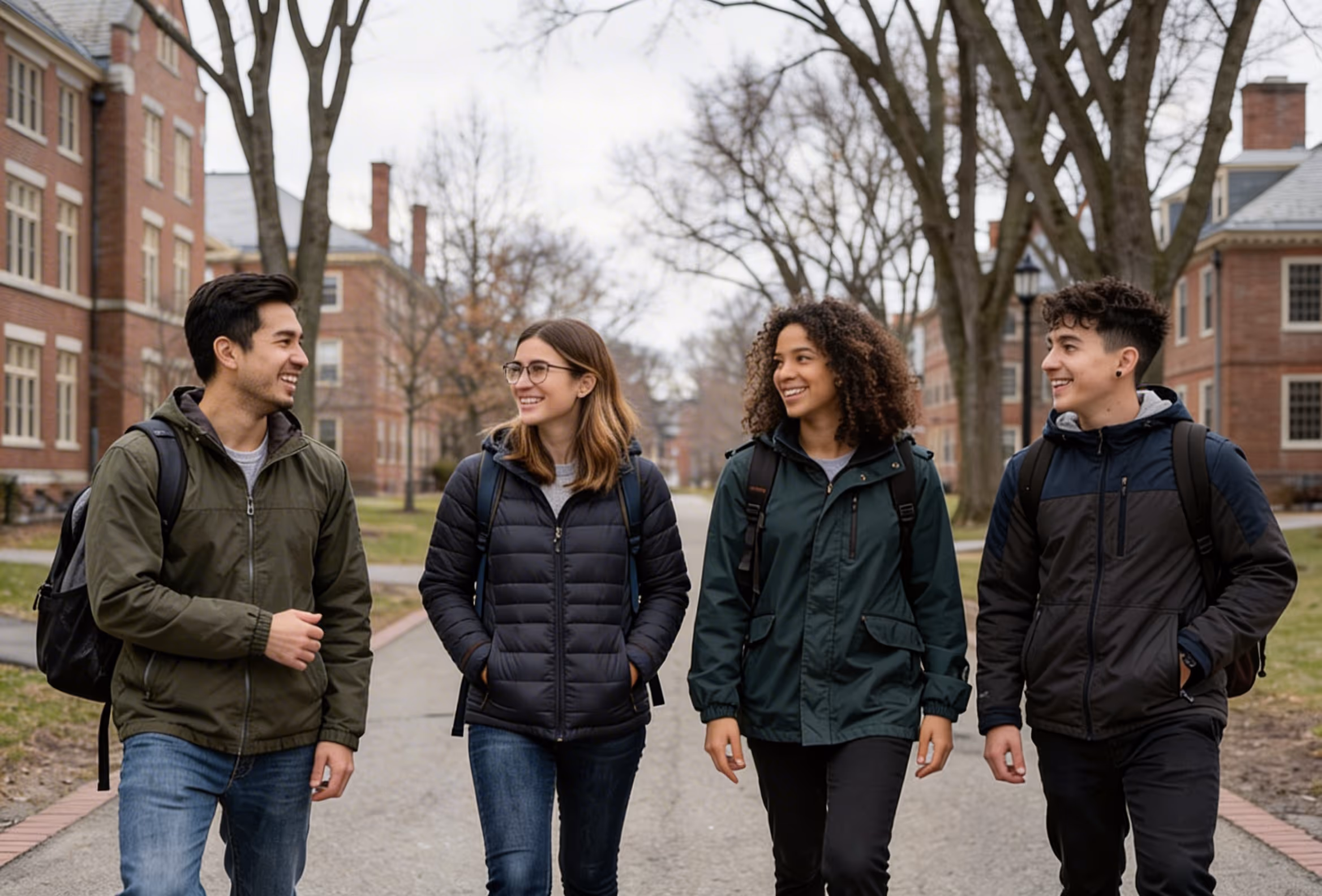 Four diverse college students wearing jackets and backpacks walking and smiling on campus pathway with buildings and trees in the background.