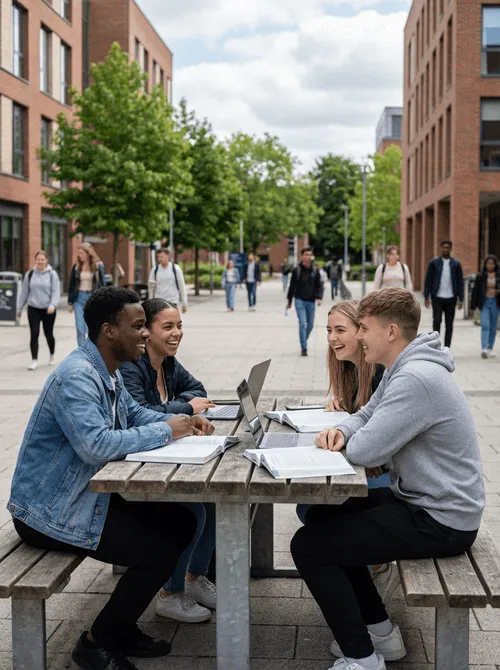 Four college students sitting at an outdoor picnic table studying with laptops and books, smiling and talking.