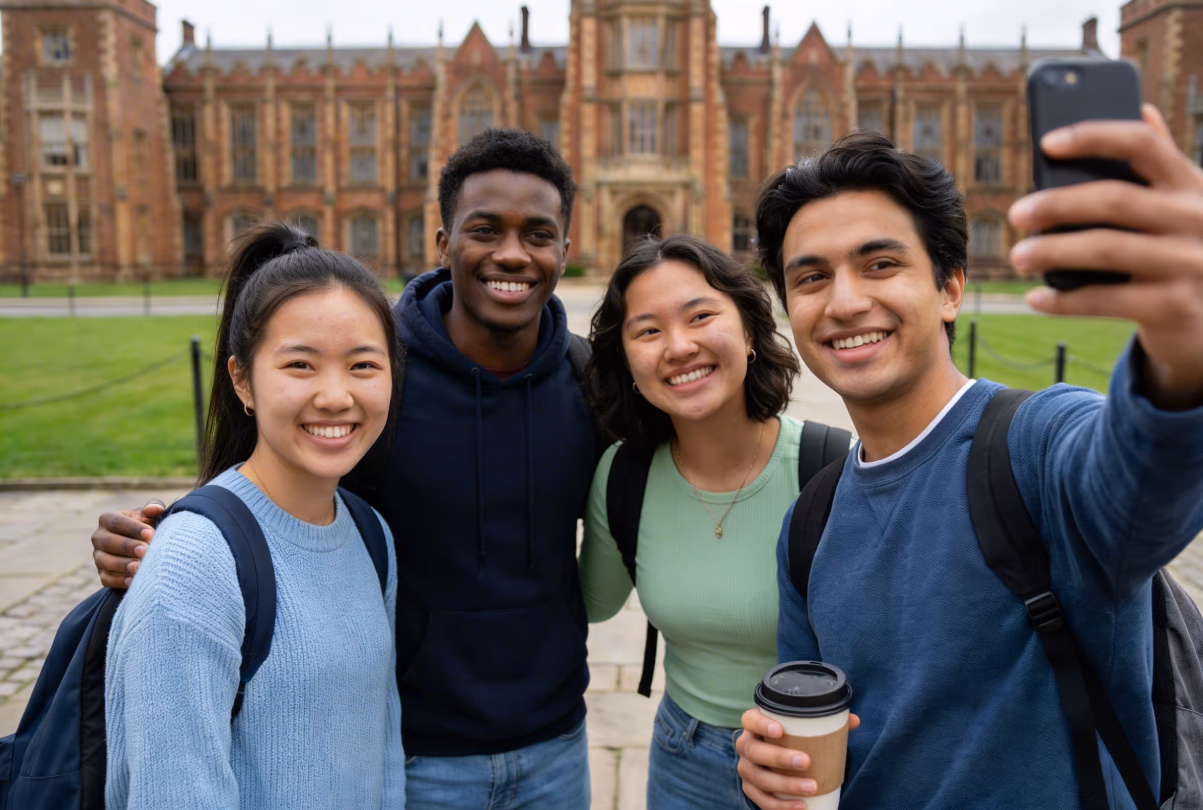 Four diverse university students smiling and taking a selfie outside a historic campus building.