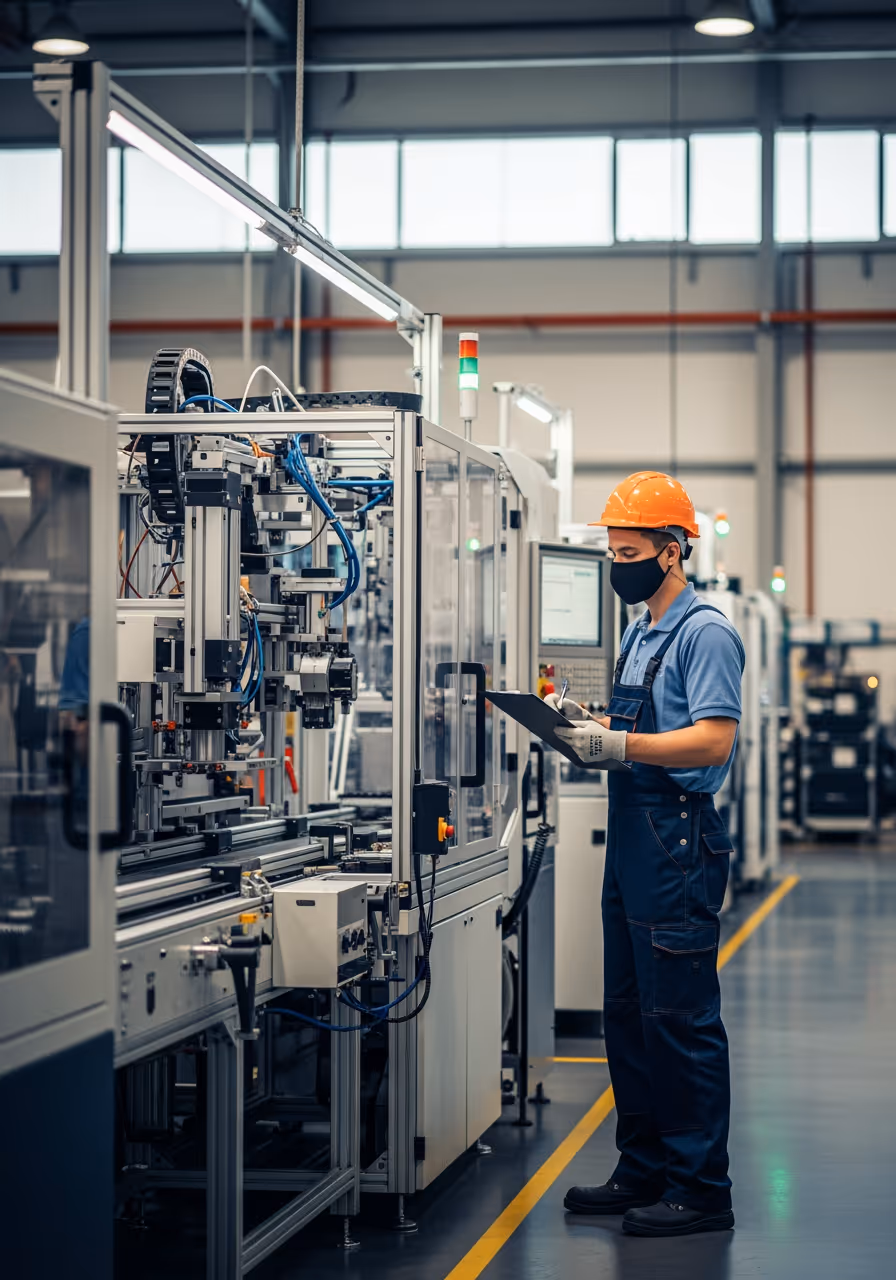An industrial environment where a worker is analyzing a machine