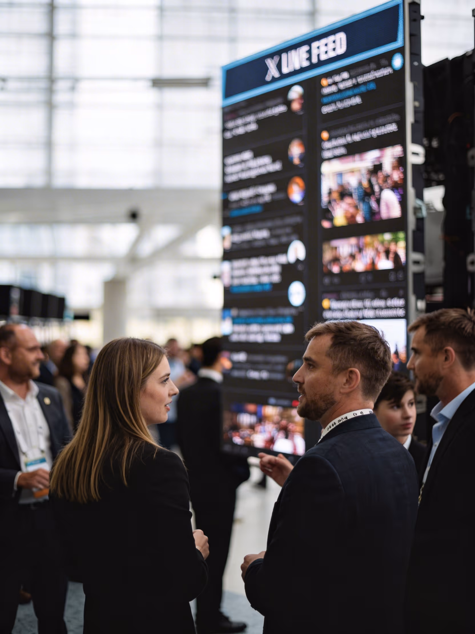 People in business attire talking near a large digital screen displaying a live X feed at an indoor event.