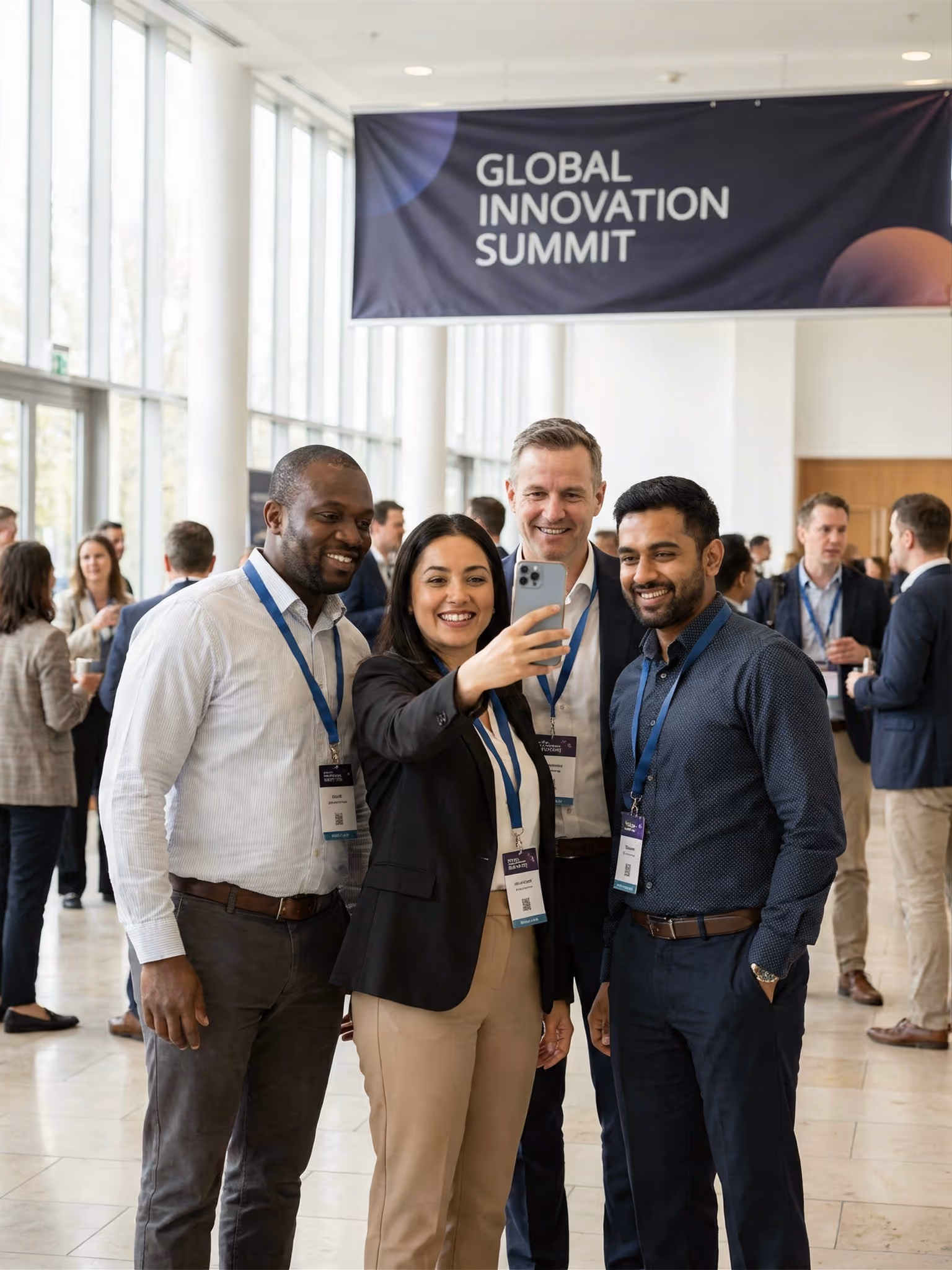 Four diverse professionals with conference badges smiling and taking a selfie at the Global Innovation Summit.