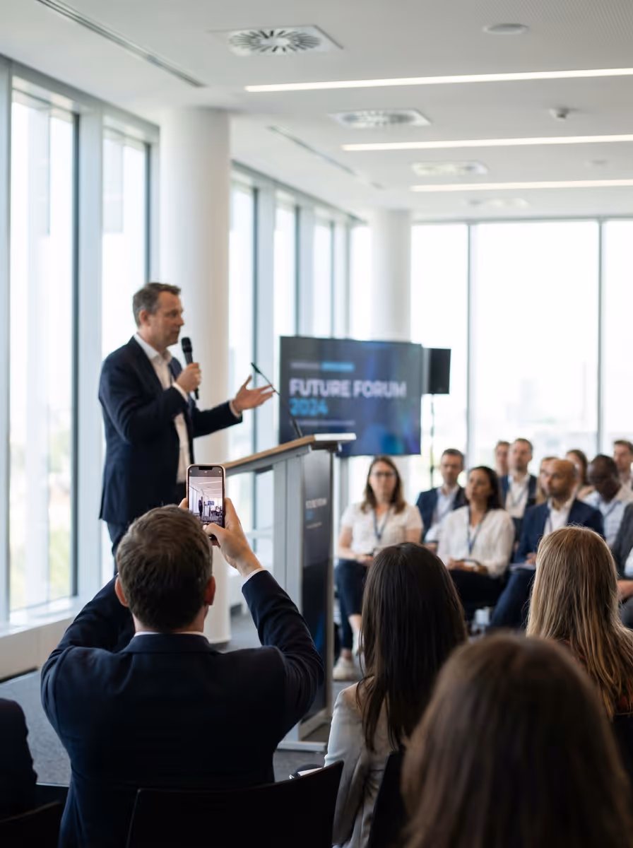 Man in a suit speaking at a podium during a conference with an audience and a screen reading 'Future Forum 2024'.