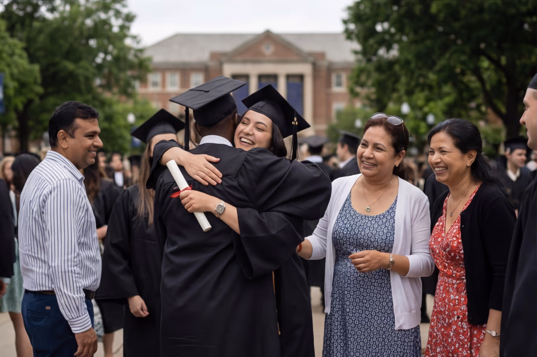 Two graduates in caps and gowns hugging each other while friends and family smile around them at a campus graduation ceremony.