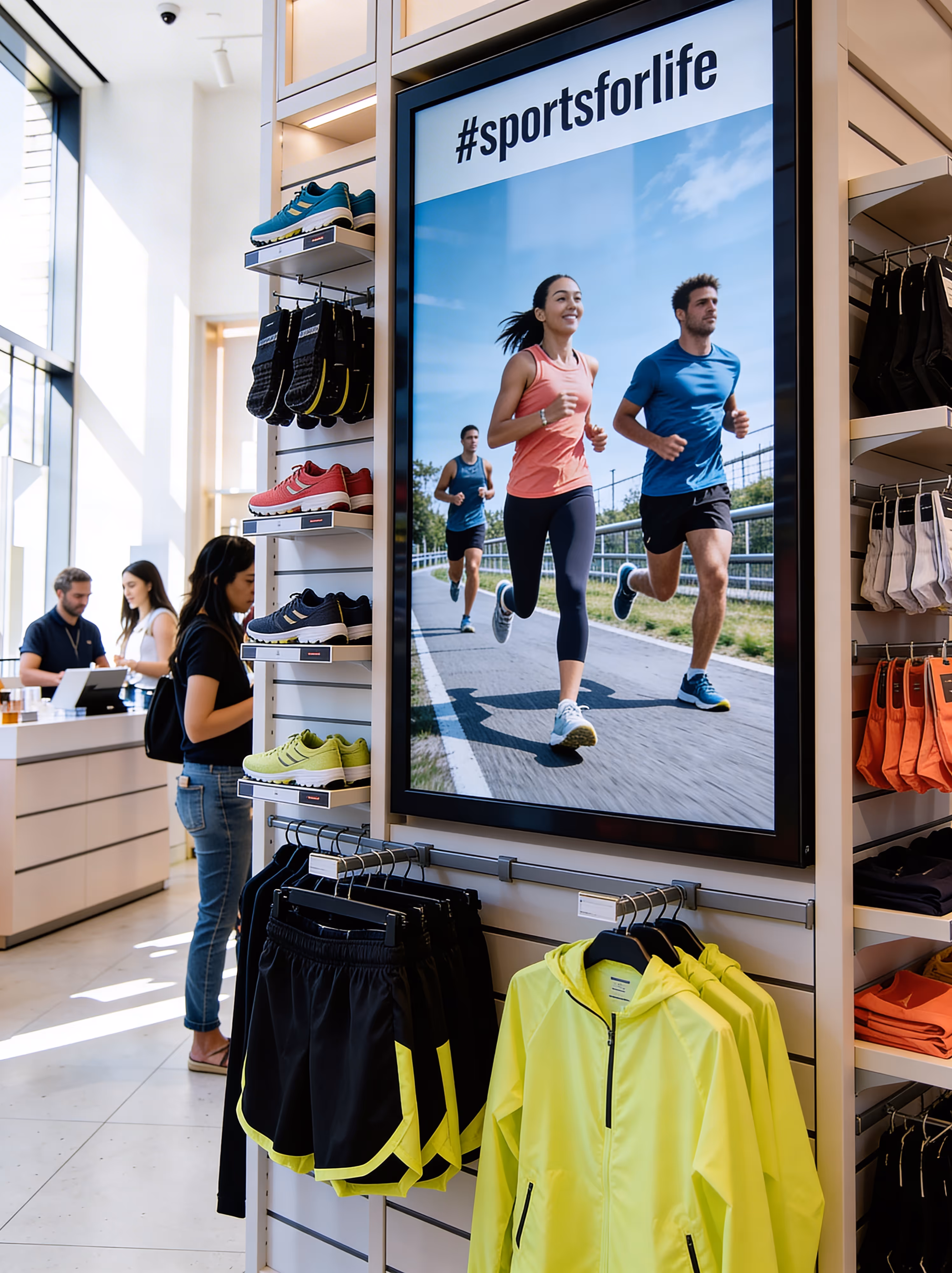Two customers talking near a shoe display in a brightly lit sports apparel store, with a digital screen showing UGC under the hashtag #sportsforlife.