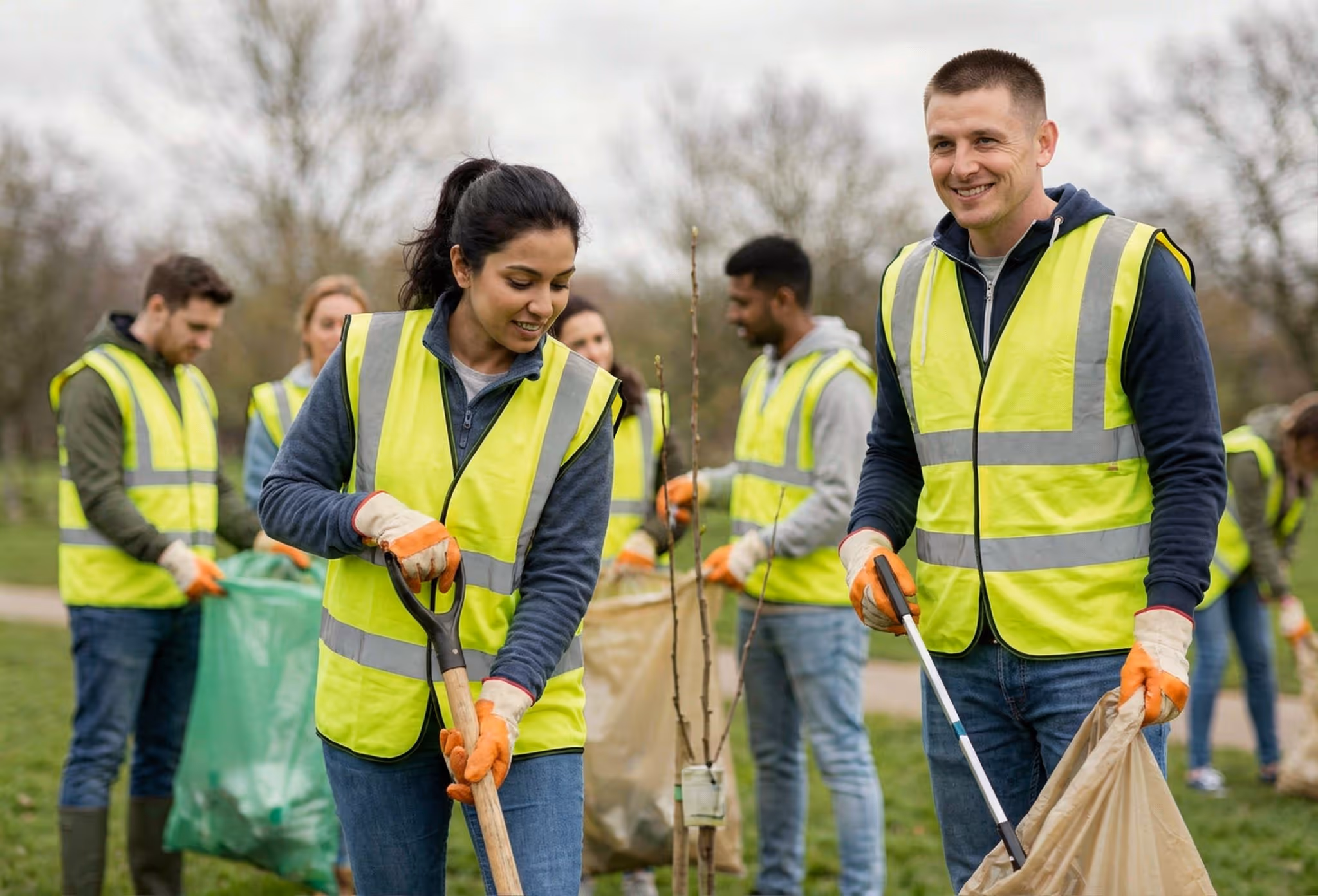 Group of volunteers in yellow safety vests planting trees and picking up litter outdoors.