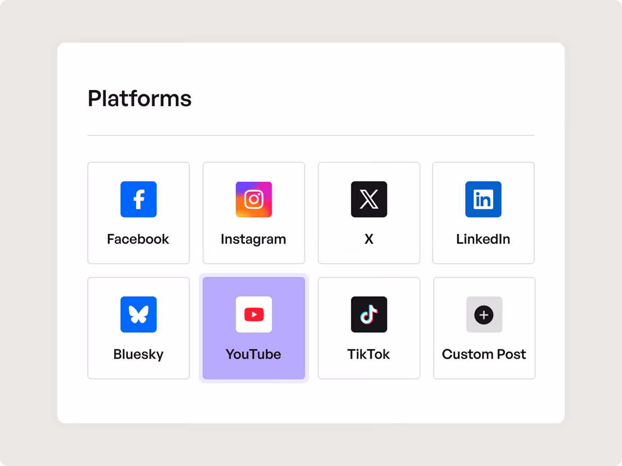 Grid of social media platform icons including Facebook, Instagram, X, LinkedIn, Bluesky, YouTube, TikTok, and Custom Post with YouTube highlighted.