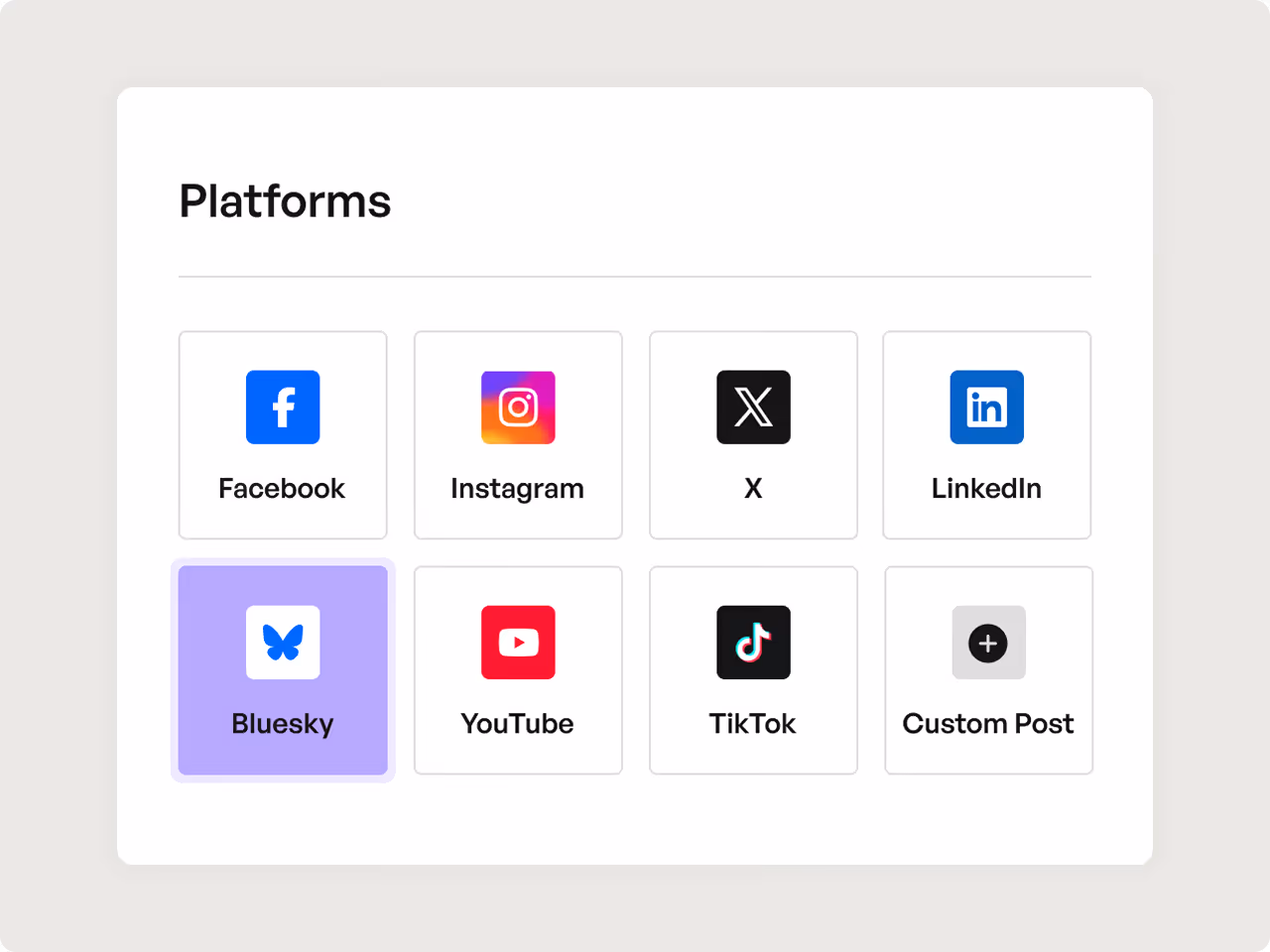 Grid of social media platform icons including Facebook, Instagram, X, LinkedIn, Bluesky, YouTube, TikTok, and Custom Post with Bluesky highlighted in purple.