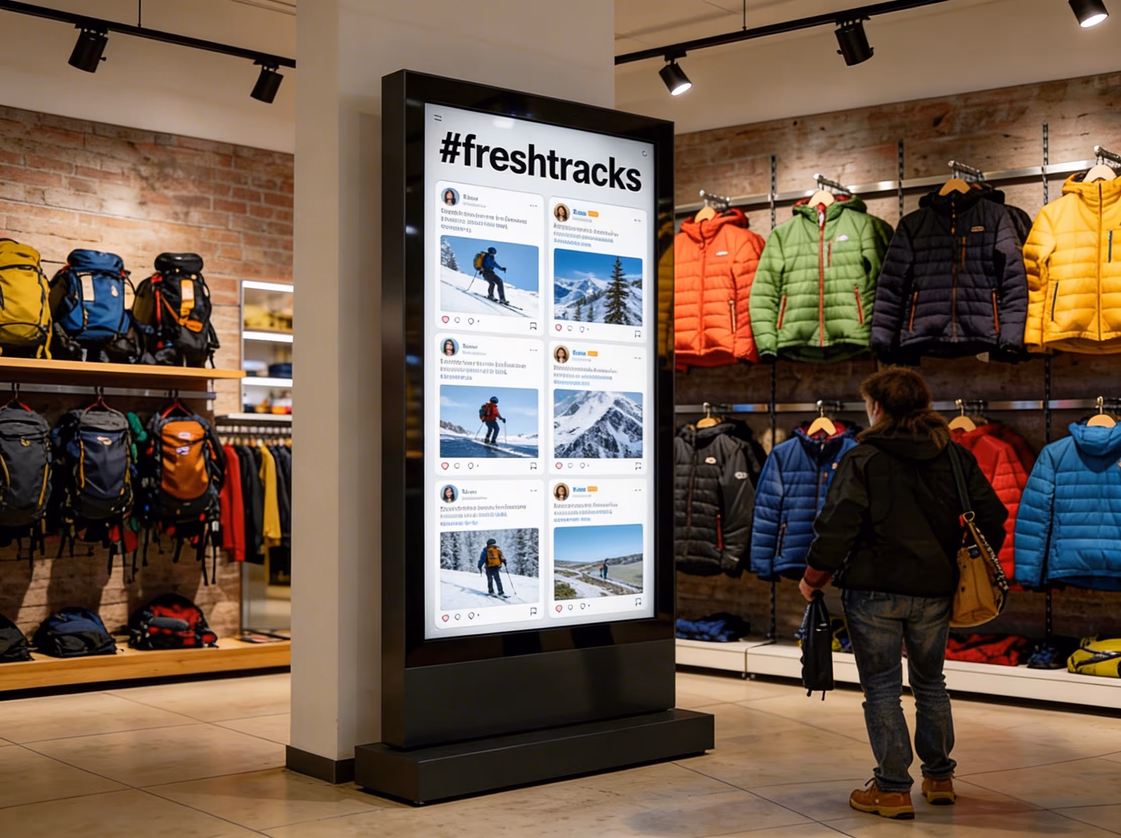 A person looking at a large digital screen in an outdoor gear store displaying a #freshtracks social media feed with winter hiking and mountain photos.