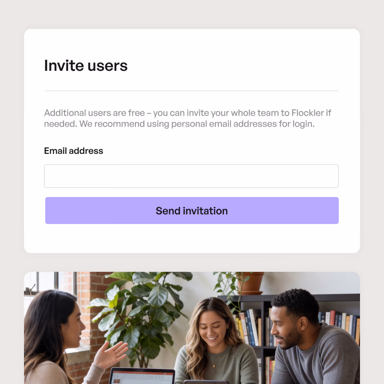 User interface for inviting users with an email input box and a purple Send invitation button above a photo of three people discussing with laptops in a casual office setting.