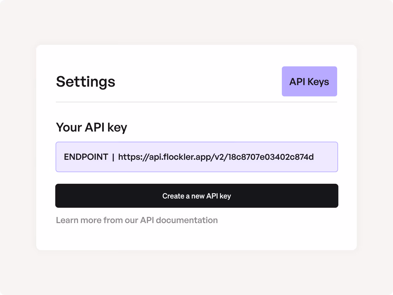 Settings panel displaying an API key endpoint URL with a button to create a new API key and a link to API documentation.