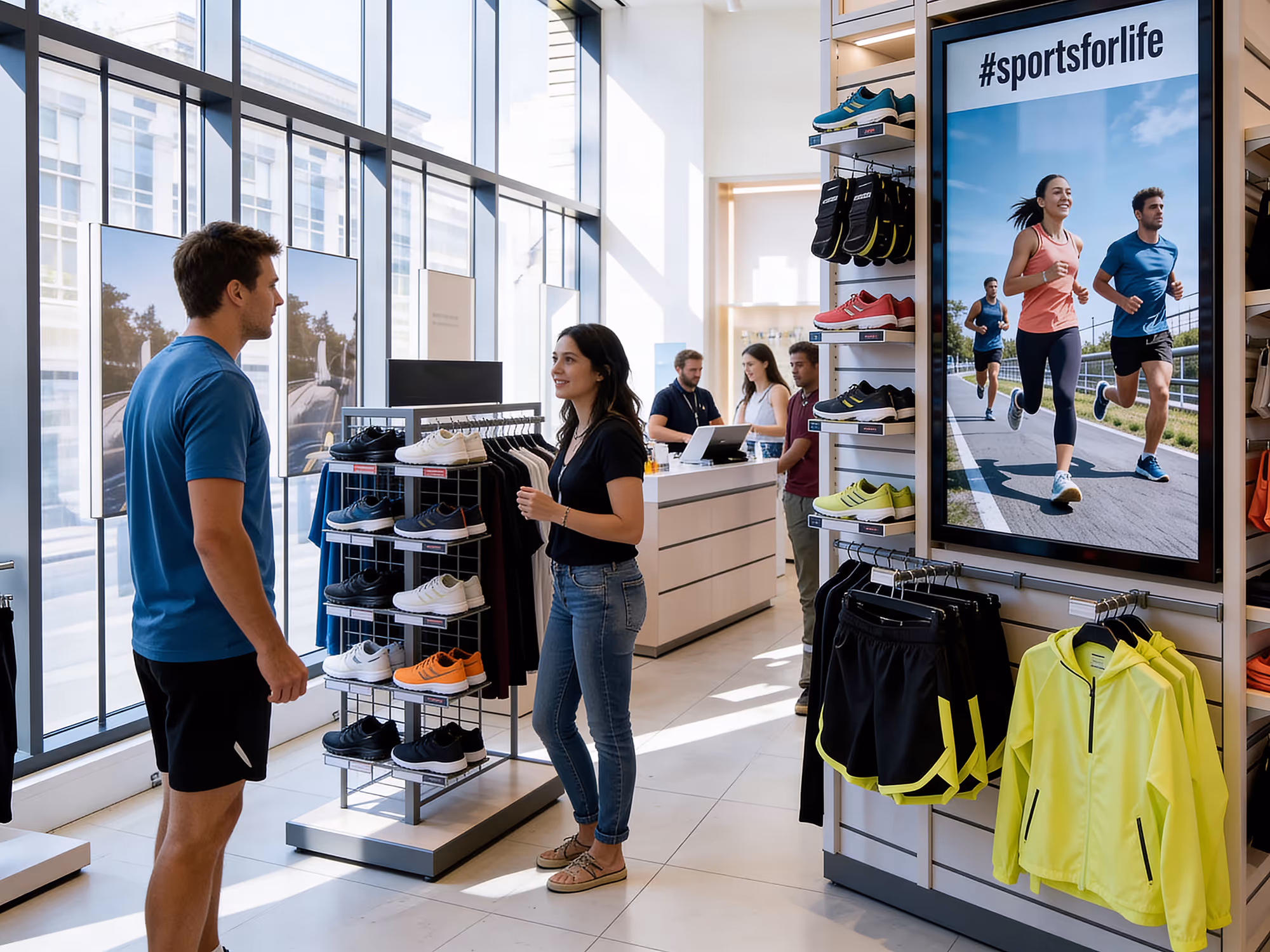 Two customers talking near a shoe display in a brightly lit sports apparel store, with a digital screen showing UGC under the hashtag #sportsforlife.