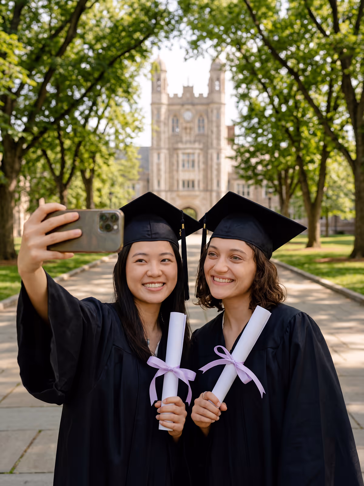 Two graduates in caps and gowns holding diplomas with lavender ribbons take a selfie outside on a tree-lined pathway with a historic building in the background.