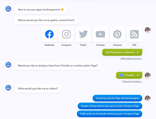 Flockler social media aggregator's user interface to create a social media feed from Facebook