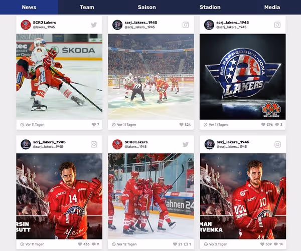 A social media feed of Rapperswill-Jona Lakers ice hockey team with a grid layout