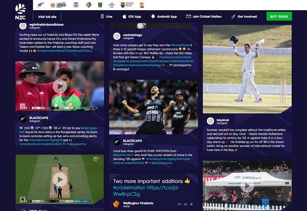 A social media feed from various channels on New Zealand Cricket team website