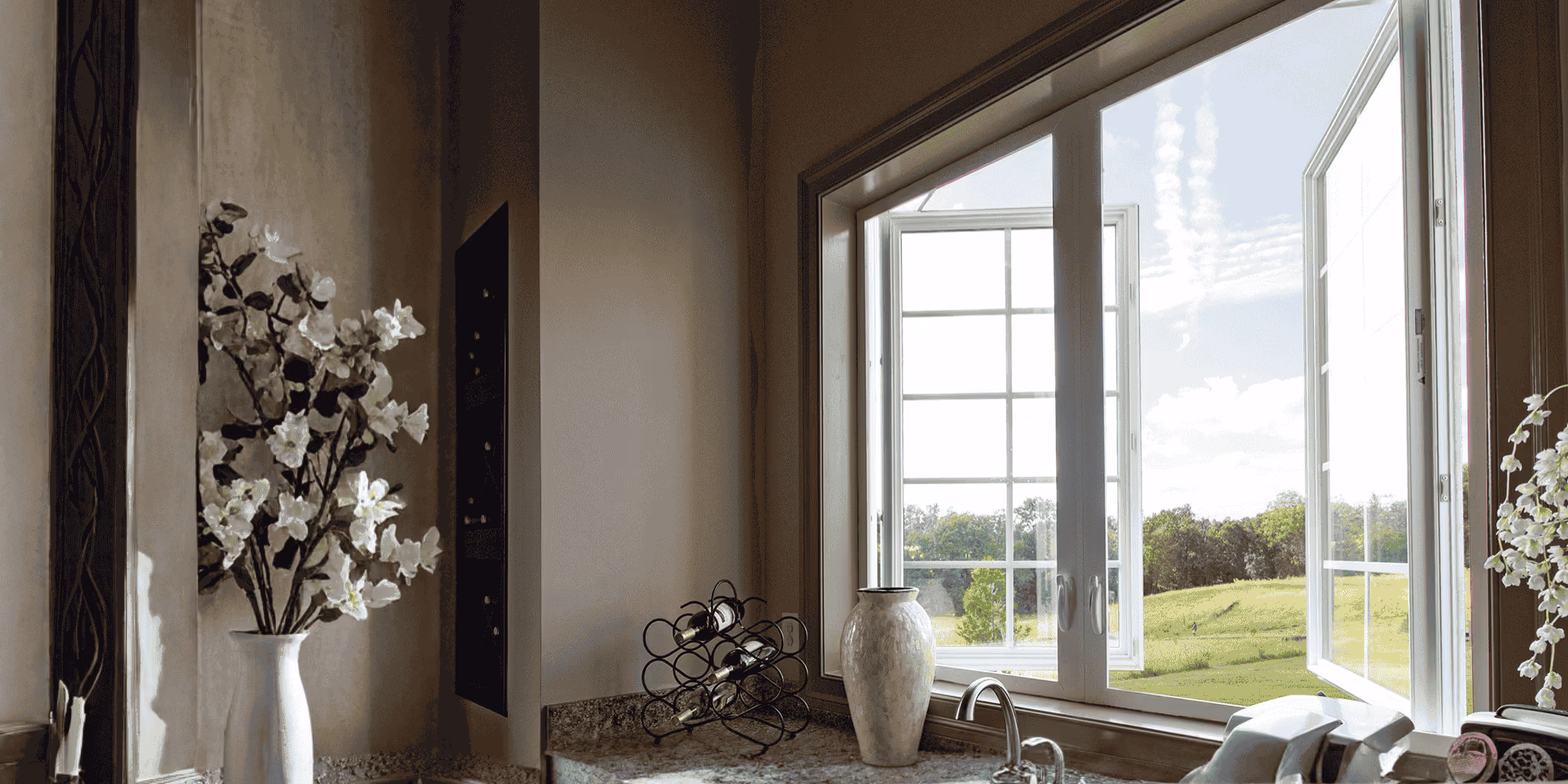 Modern white casement windows installed in a contemporary home