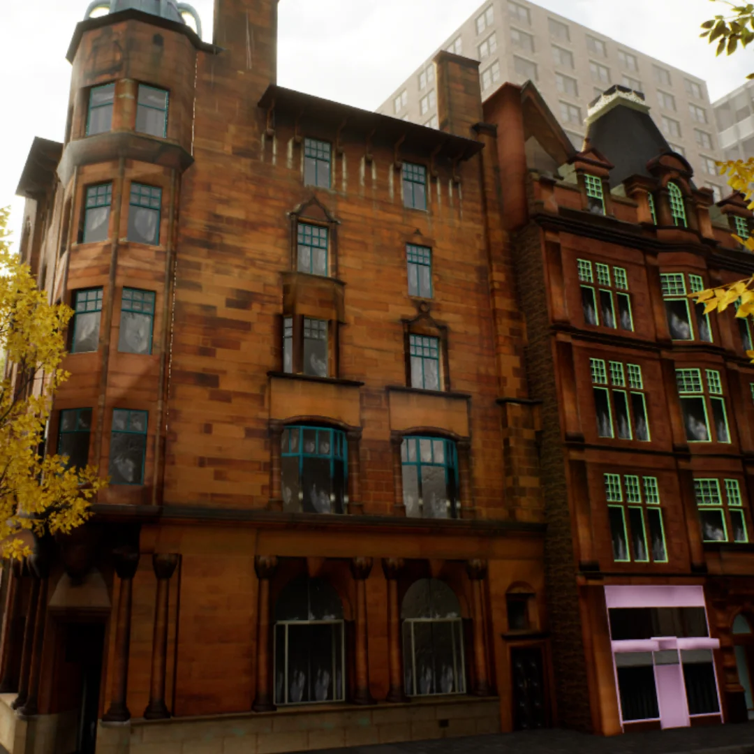 Unreal Engine 5 scene assembly of Govan streetscape