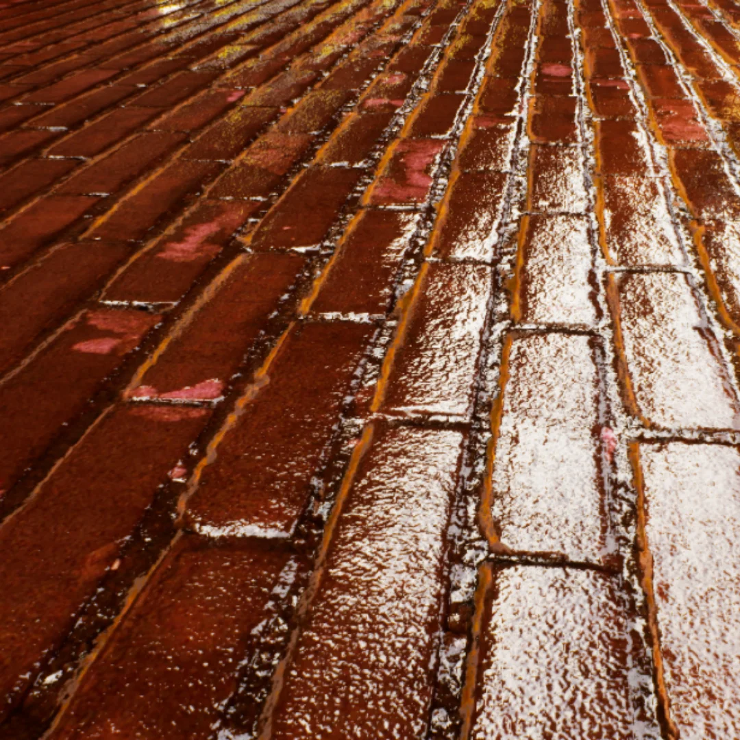 Rainy atmospheric exterior render with tram and pedestrians