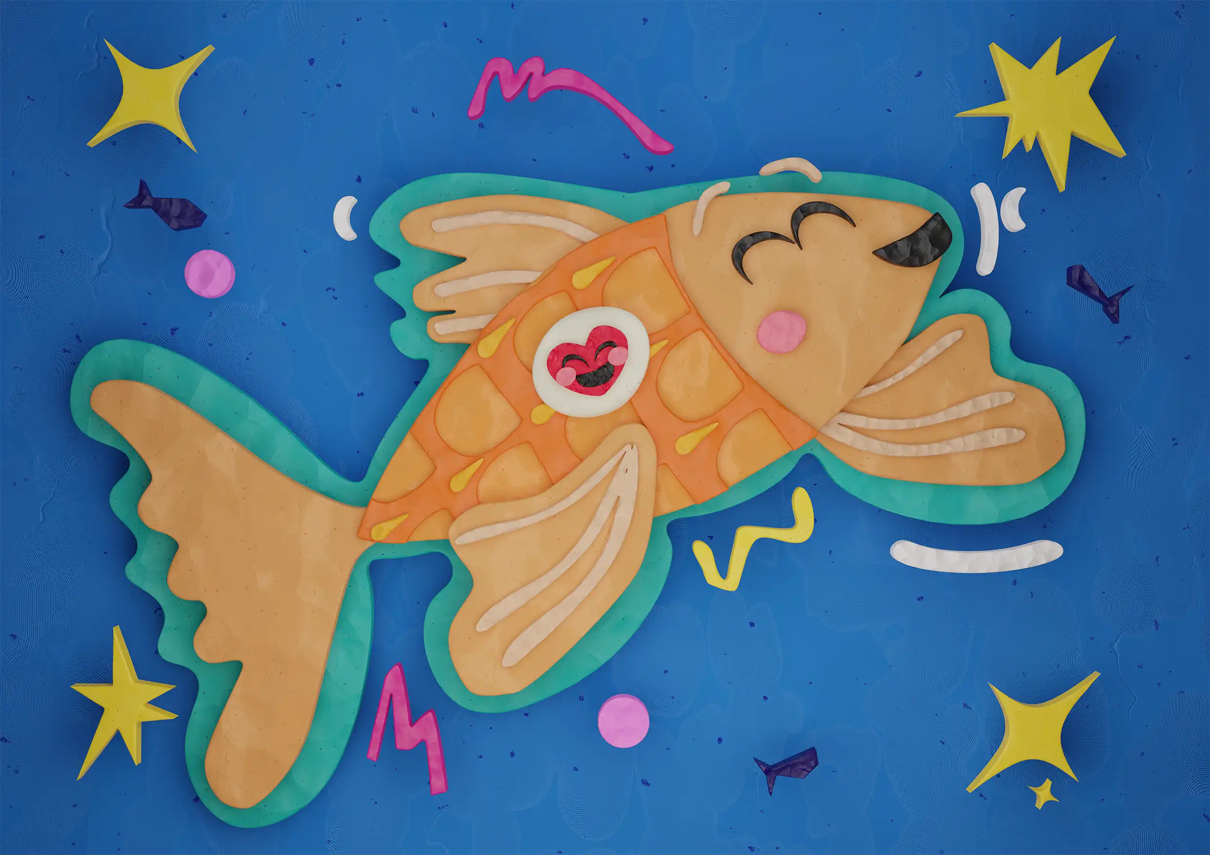 Finley the Fretful Fish of Worrywater Bay, 3D illustrated children's book cover by Tumi Mokopane