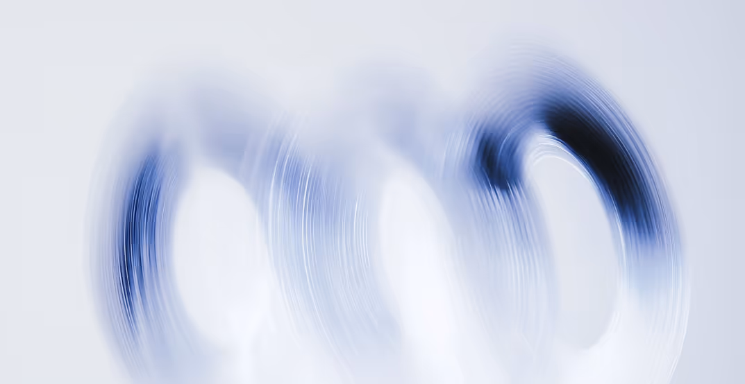 Abstract digital swirling blue and white circular patterns on a light background.