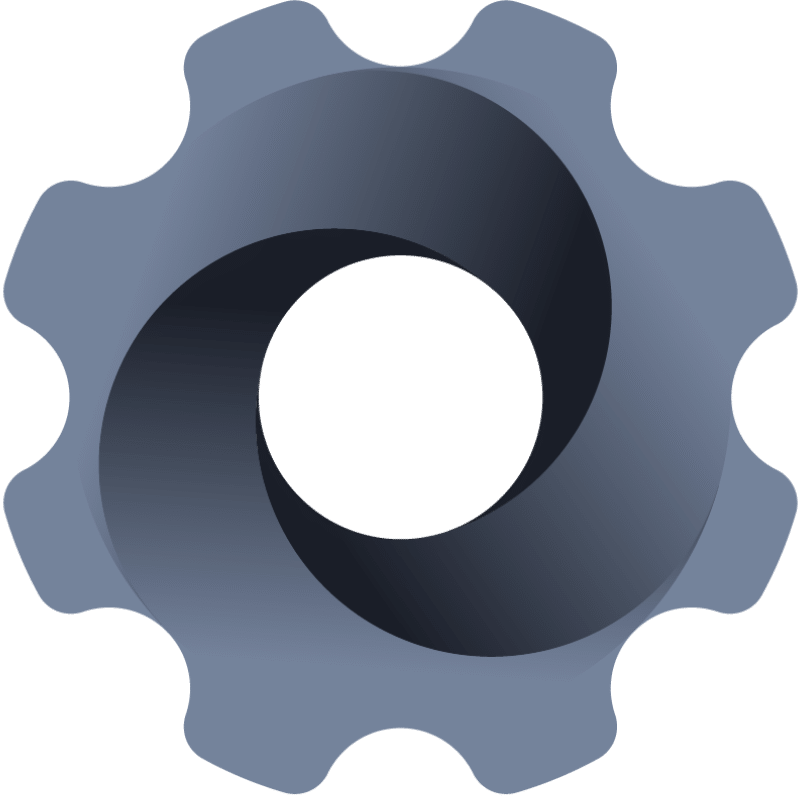 Stylized gray gear icon with a dark curved shadow inside its circular center.