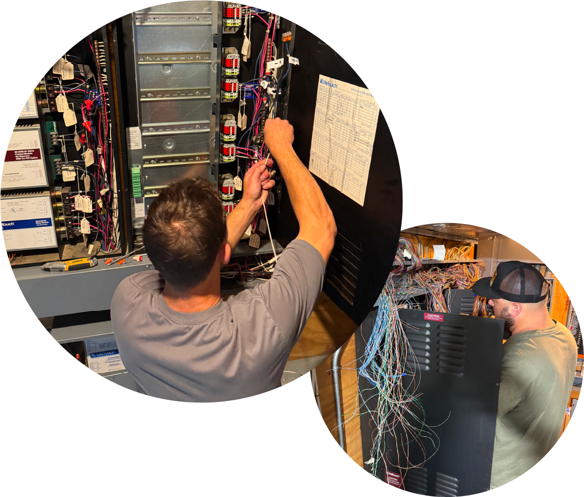 Two iQuarters workers installing Lutron panels