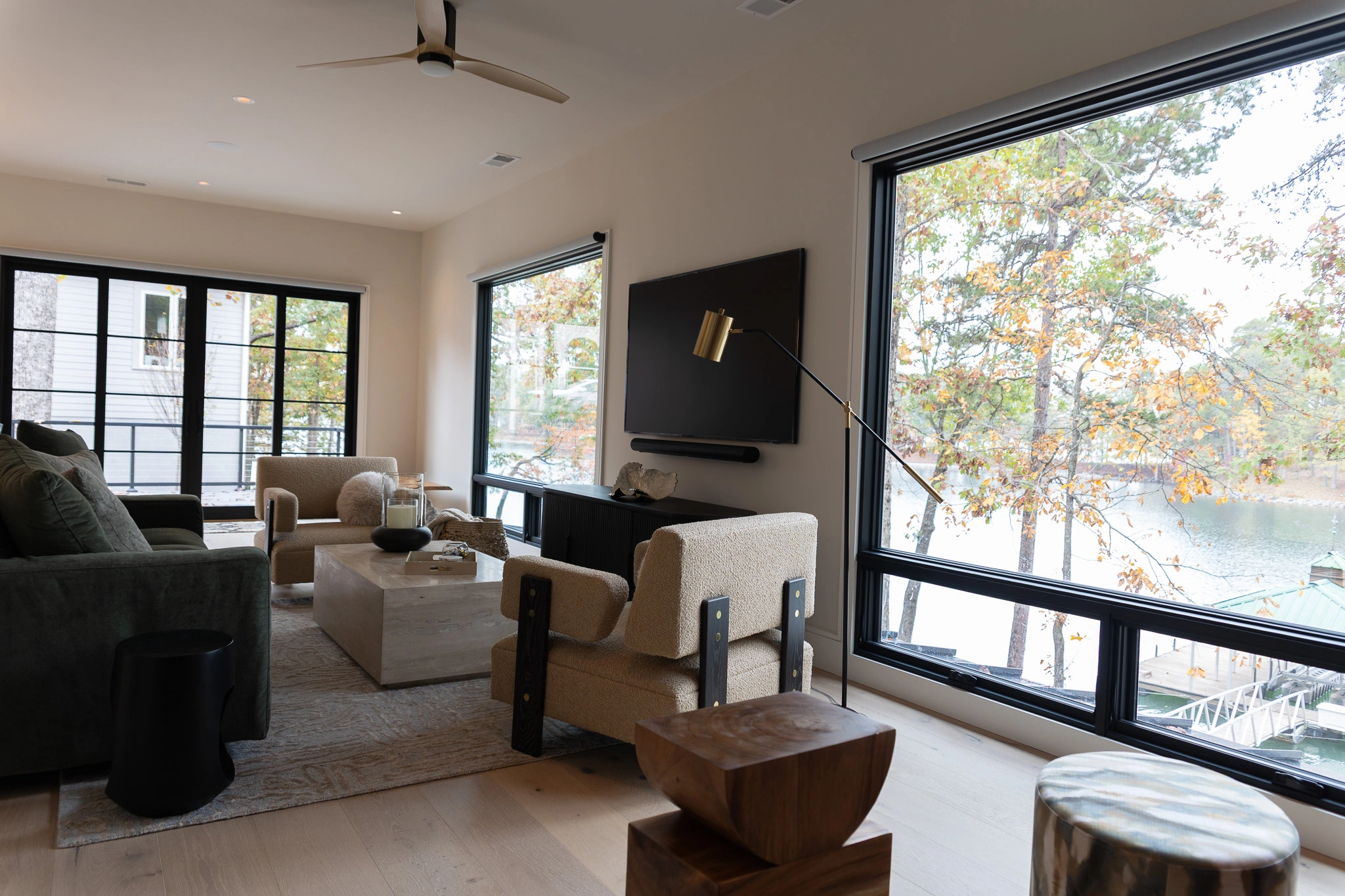 Warm intelligent lighting scene in modern residential interior, automatic shades