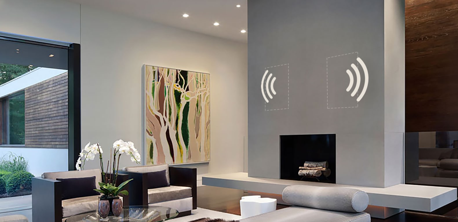 image of a living room with hidden speakers installed behind the wall
