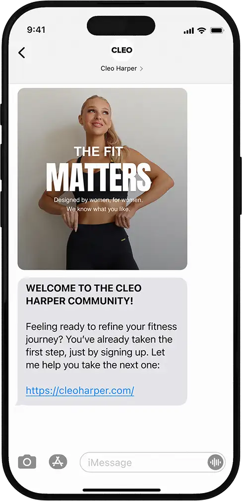 Smartphone screen showing a message conversation with Cleo Harper, featuring a photo of a fit woman in workout clothes with text saying 'The Fit Matters, Designed by women, for women. We know what you like,' followed by a welcome message to the Cleo Harper community with a link to cleoharper.com.