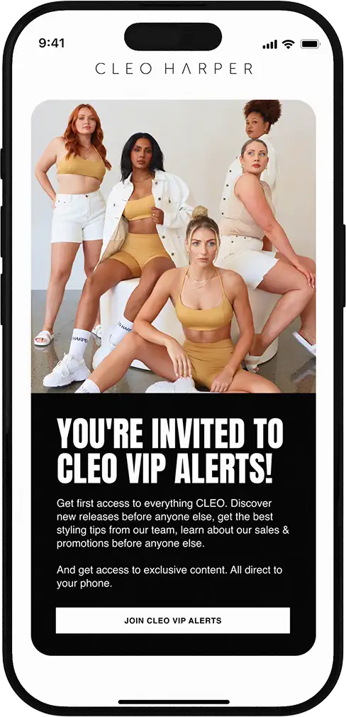 Cleo Harper mobile screen showing an invitation to join VIP alerts with diverse women in stylish athleisure outfits above the text.