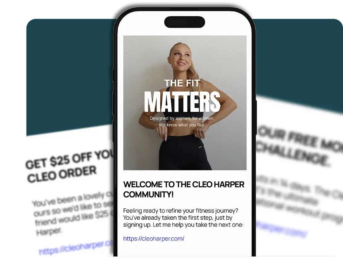 Mobile phone screen showing a welcome message to the Cleo Harper community with a woman in fitness attire and the text 'THE FIT MATTERS, Designed by women, for women. We know what you like.'