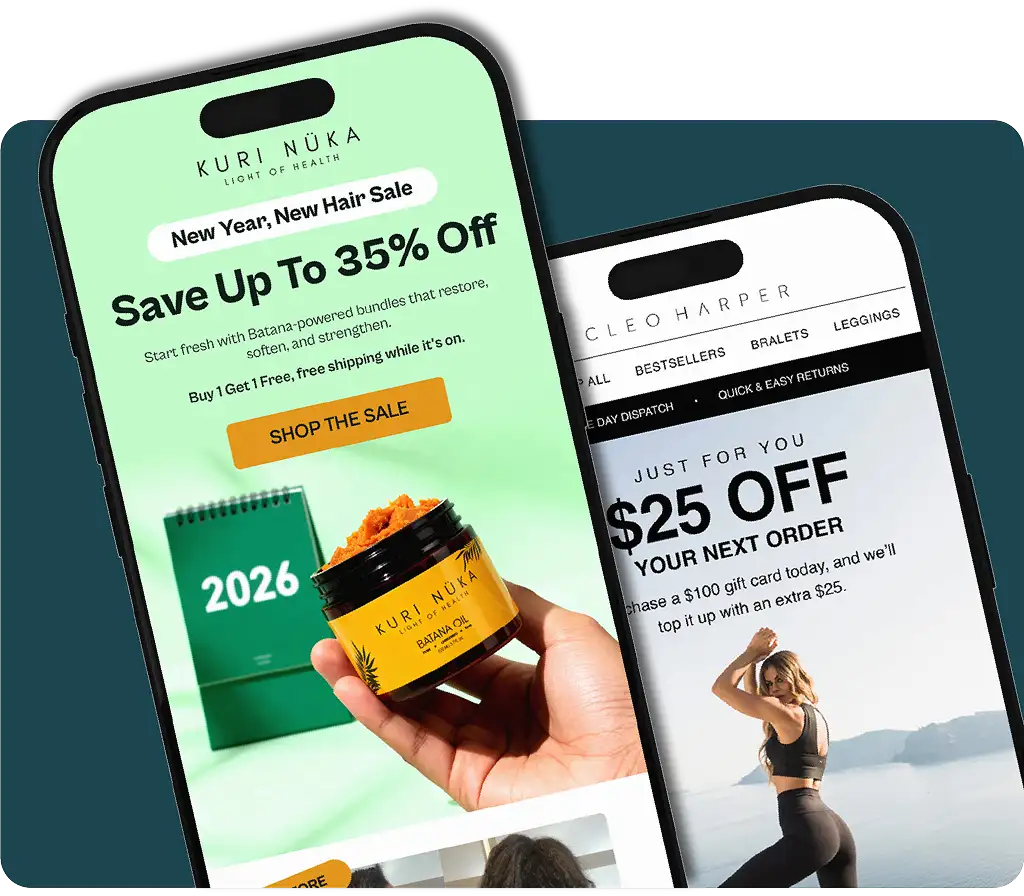 Two smartphones showing promotional offers: one for Kuri Nuka hair products with up to 35% off and free shipping, and one for Cleo Harper with $25 off the next order.