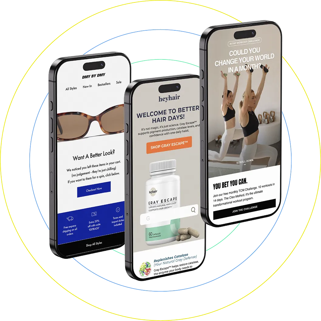 Three smartphones displaying different wellness and fashion apps including sunglasses shopping, hair supplement, and a workout challenge.