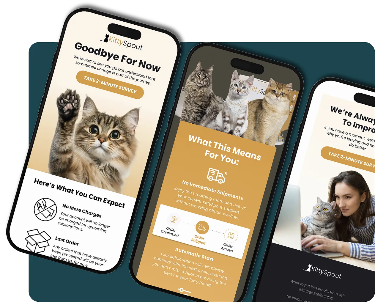 Three smartphones displaying KittySpout app screens showing a goodbye message with a cat waving, subscription shipment details with images of three cats, and a survey prompt with a woman holding a cat.