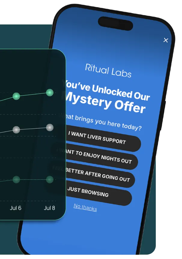 Smartphone displaying Ritual Labs app screen with a mystery offer and four selectable options related to liver support and social activities.