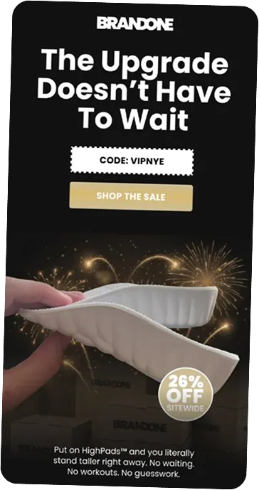BrandOne promotion with a hand holding tall shoe insoles, fireworks background, text offering 26% off sitewide with code VIPNYE and a button to shop the sale.