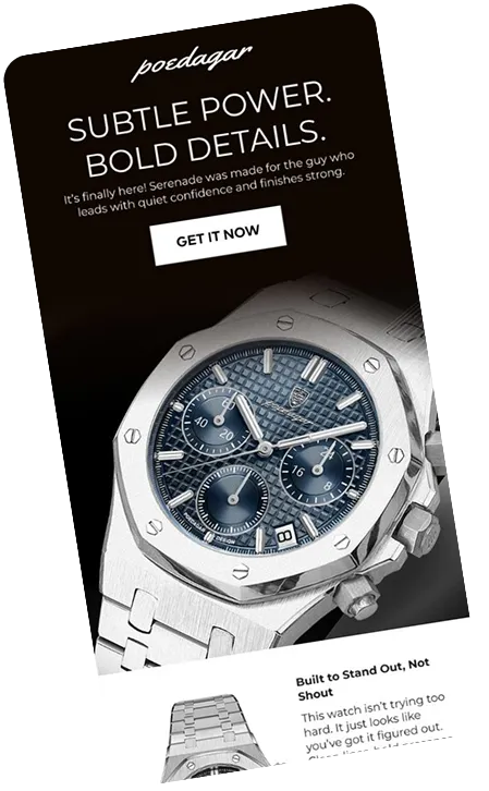 Close-up of a silver wristwatch with a blue textured dial and three subdials, accompanied by text promoting subtle power and bold details.
