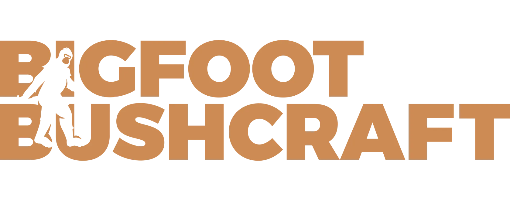 Silhouette of a person holding a spear incorporated into the text 'BIGFOOT BUSHCRAFT' in brown letters.