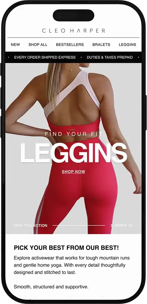 Back view of a woman wearing red leggings and a pink sports bra, promoting Cleo Harper leggings Summer '23 collection.