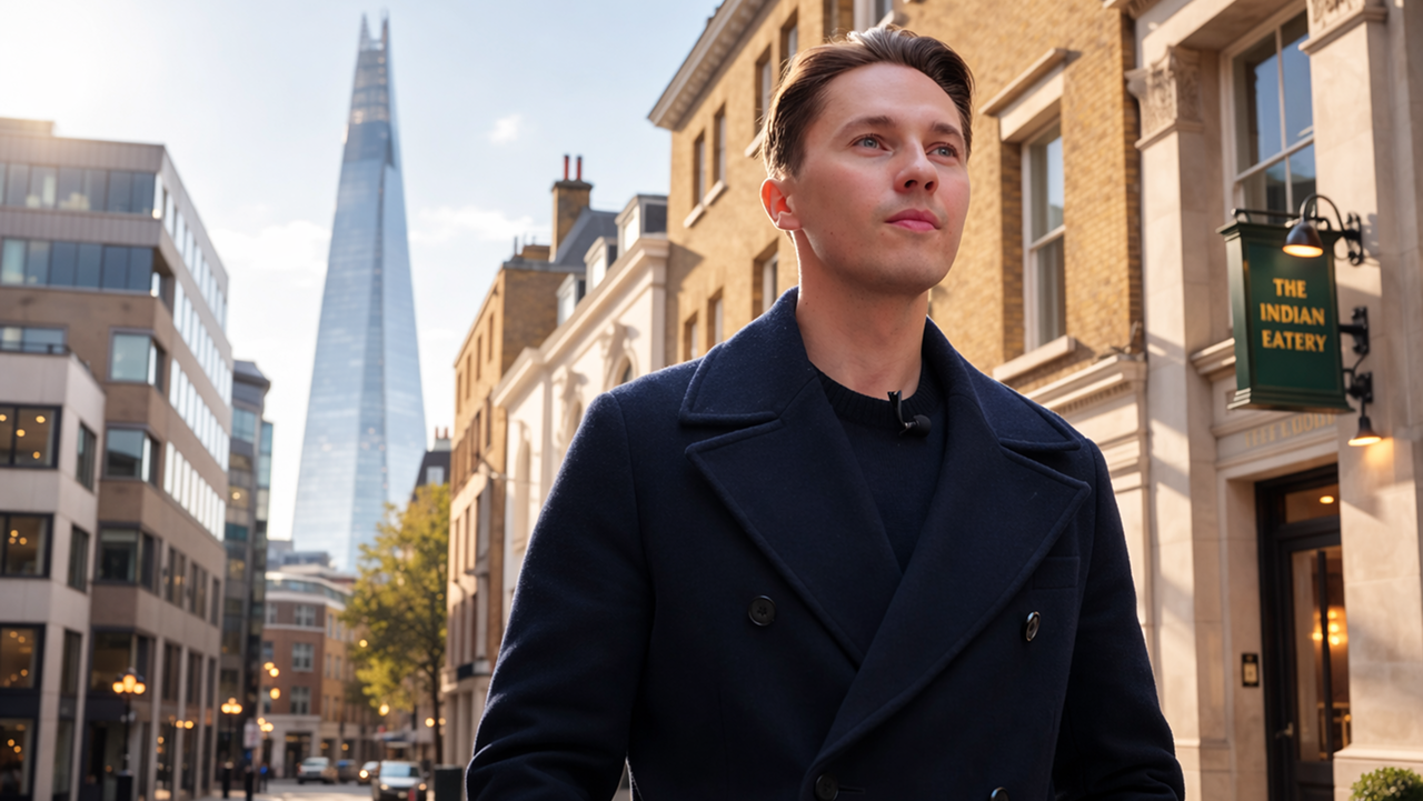 Young man in a dark coat standing on a city street with the Shard skyscraper and The Indian Eatery sign in the background.