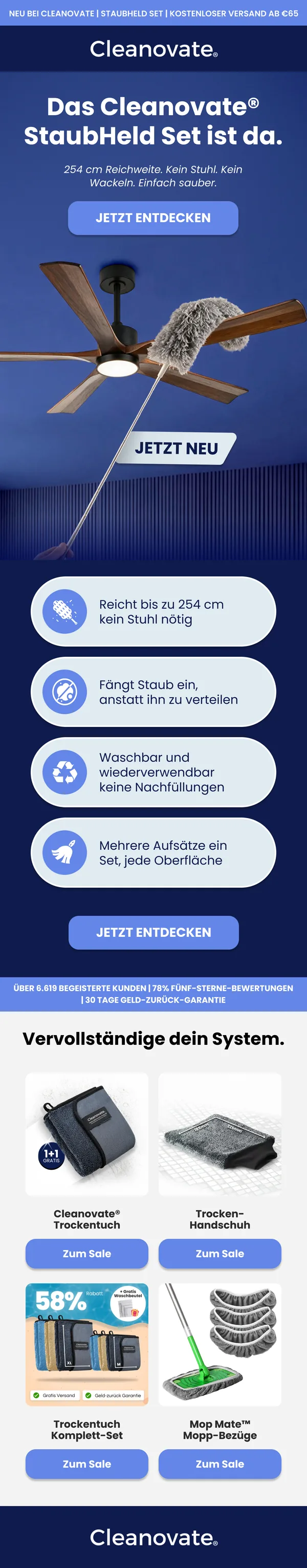 Cleanovate E-Mail zum Start des StaubHeld Sets mit Staubwedel am Deckenventilator