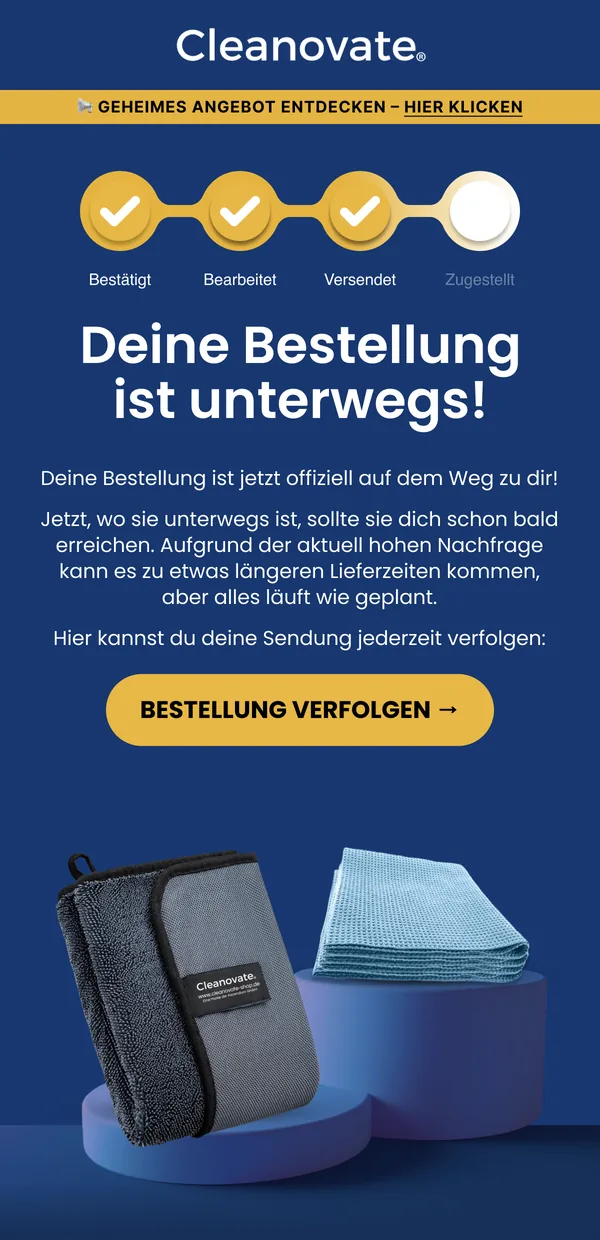 Cleanovate Versand-E-Mail: Deine Bestellung ist unterwegs